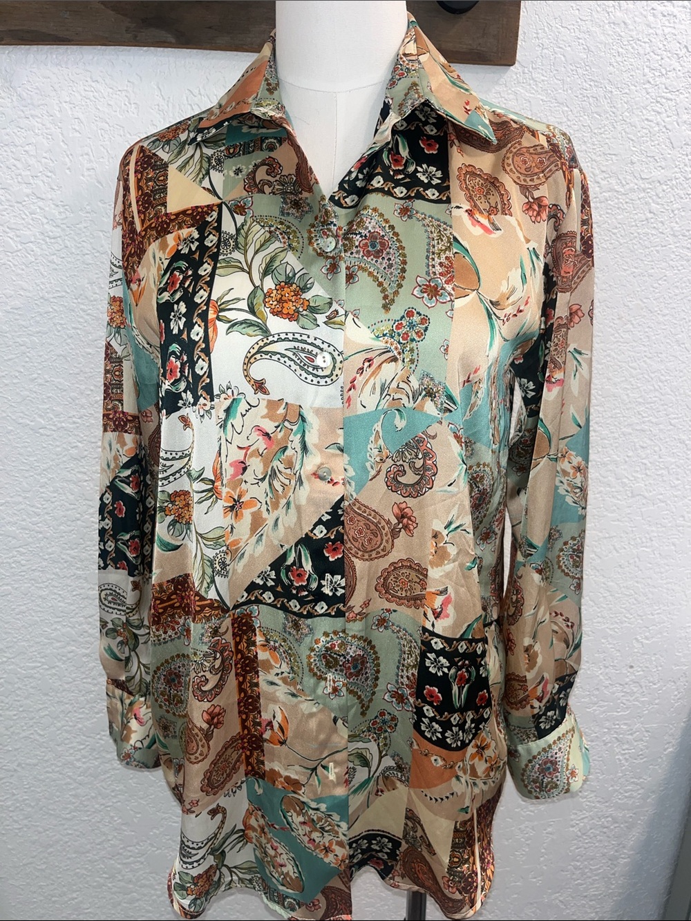 Zara Cream Paisley Button-Up Blouse with Teal & Rust Accents